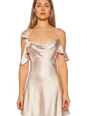Self-Portrait Satin Flower Mini Dress in Champagne